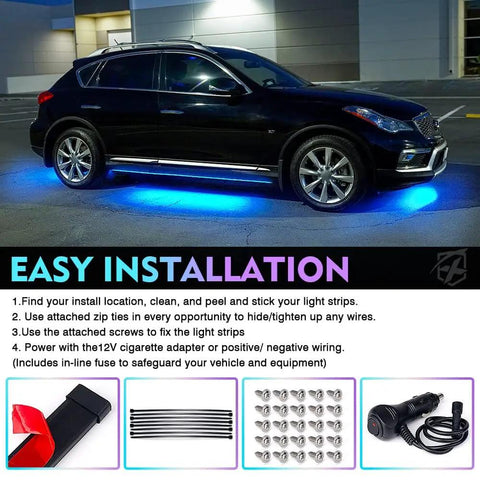 Installed Double Row RGB LED Underglow Light Kit With Bluetooth App Control and Wireless Remote on a black SUV, showing blue lights.