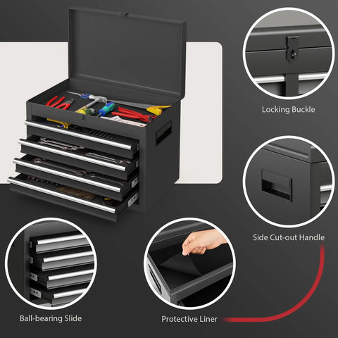 Five Drawer Rolling Tool Chest With Detachable Top Box, Locking Wheels, Adjustable Shelves, Liner, And Heavy Duty Metal Tool Cart For Garage Workshop Pro showing open drawers and handles.