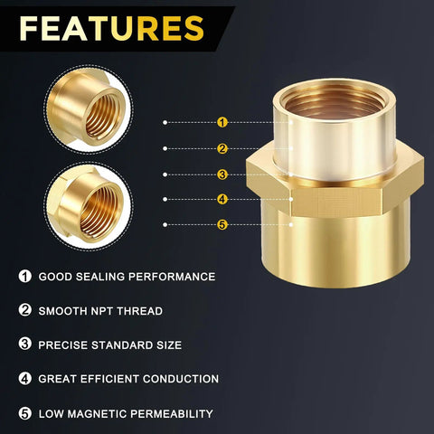 Six Piece Brass Pipe Fitting Set Three Eighths Inch Female NPT To One Quarter Inch Female NPT Coupler Hex Head Adapter features