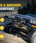 SUV with synthetic winch rope highlighting UV and abrasion resistant features.