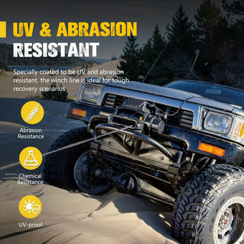 SUV with synthetic winch rope highlighting UV and abrasion resistant features.