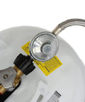 Five-Foot Universal QCC1 Low-Pressure Propane Regulator With Stainless Steel Braided Hose attached to propane tank top view
