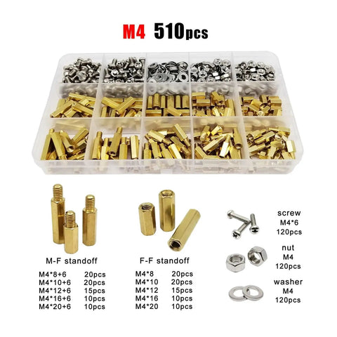 Brass Copper PCB Hex Standoff Pillar Spacer Kit Bundle M2 0.5 M3 M4 Assortment With 510 680 And 1700 Pieces For Electronics DIY Projects Includes Screw Nuts And Column Spacers For Mounts., M4 510pcs organizer tray with brass standoffs, screws, nuts and washers