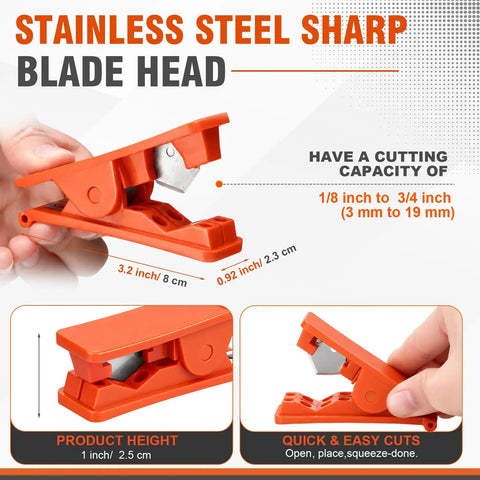 9 Piece PTFE Tube Cutter Set For Plastic Tubing And Hose, Compact 3.2 Inch Tools In Red, Portable Tube Cutting Kit With Easy Grip, Sharp Cutters, Cuts From 1/8 Inch To 3/4 Inch (3 Mm To 19 Mm), Great For Quick Repairs. Orange PTFE tube cutter with stainless steel sharp blade, 3.2 inch size
