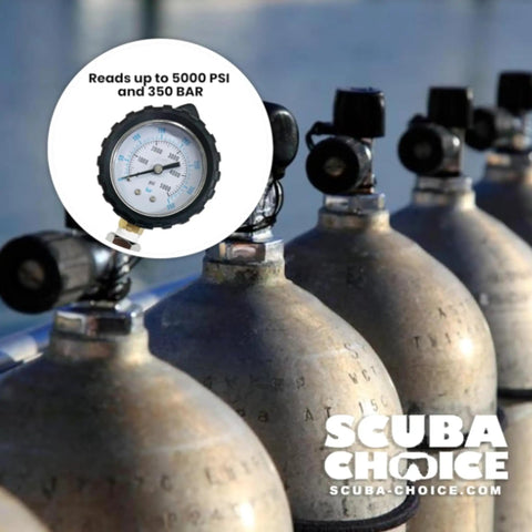 Yoke Valve Tank Pressure Checker For Scuba Diving Accurate 5000 PSI And 350 BAR Gauge on multiple scuba tanks