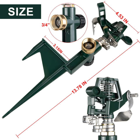 Two Pack Spike Sprinklers For Yard With Metal Base Heavy Duty Impact Sprinkler Adjustable Zinc Alloy Water Sprinkler For 360 Degree Coverage Large Area Lawn Garden Irrigation Easy Setup Pro Grade And Durable Outdoor Sprinkler System with 13.78-inch length.