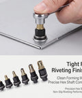Six Piece Electric Drill Rivet Nut Mandrel Adapter Kit With Manual Hex Shaft For Bolt Insertion In Auto Work, Building, Furniture Fixing And Aviation Jobs. Steel mandrel adapter kit with six sizes for sheet metal rivet nut insertion.