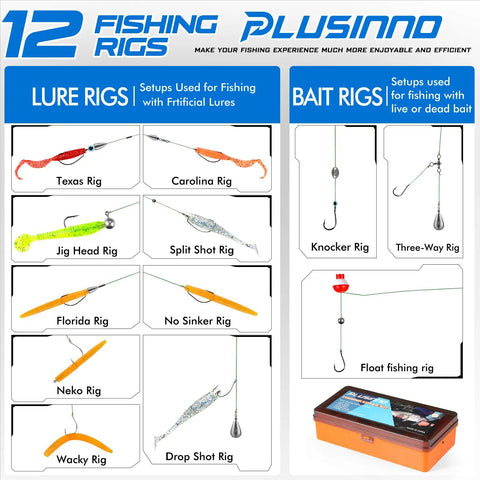 Massive 353 Piece Fishing Lure Gear Kit With 12 Rig Lures Tackle Box Includes Texas Rig, Carolina Rig, Jig Head, and more.
