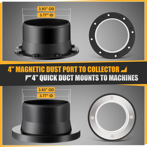 Saillong 4-inch magnetic dust port with 3.93 in OD and 3.77 in ID, black metal with mounting flange front/side views.