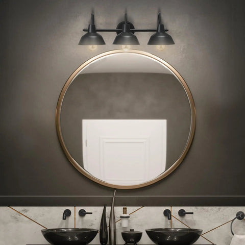 Barnyard 3 Light Vanity Fixture In Matte Black With White Interior Shades above a round mirror in bathroom