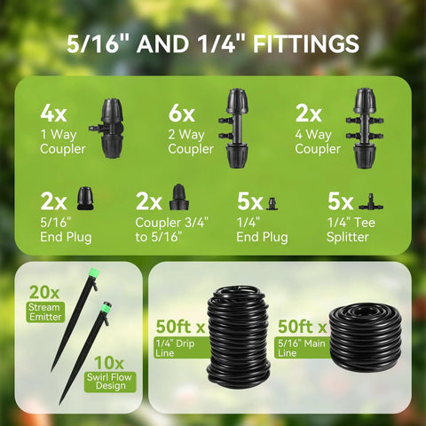 Drip Irrigation Kit For Garden Raised Beds And Lawn Adjustable Watering System With Drip Emitters Five Sixteenth Inch And One Quarter Inch Tubing Barbed Fittings Complete Kit With Fittings And Tubing