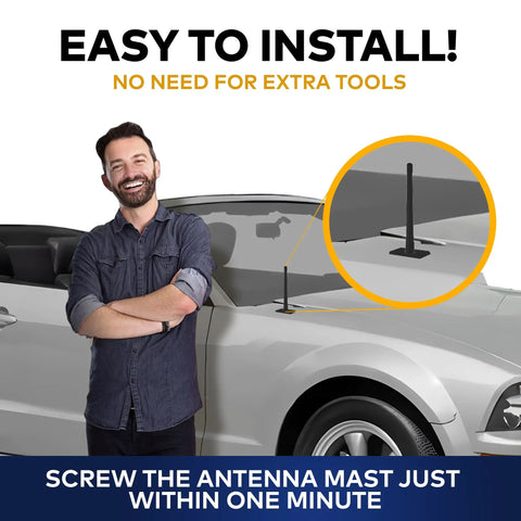 Ford Mustang External Antenna Mast 7 Black Car Antenna Replacement For 1979-2009 next to convertible car, easy install highlighted.