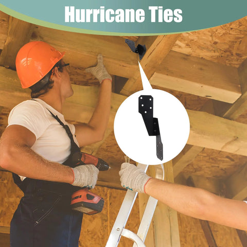 Installer using 30 Pack Heavy Duty Hurricane Ties Black Powder Coated for wood framing to enhance stability and support in extreme weather.