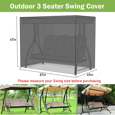 Illustration of Durable 600D Oxford Patio Swing Cover For Outdoor 3 Seater Garden Hammock Glider Built Tough Waterproof Windproof with dimensions
