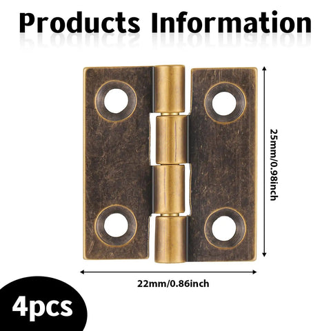 Mini Brass Hinges For Wood Boxes Four Pack Antique Bronze 1 Inch Folding Jewelry Box Hinges with size dimensions.