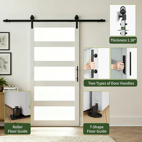 Heavy Duty Sliding Frosted Glass Barn Door With Five Panel Design And Full Roller Track Hardware Ready To Roll Smooth Glide System For Closet Bedroom Or Bathroom Modern Privacy Partition No Sweat Setup with T-shape and roller floor guides.