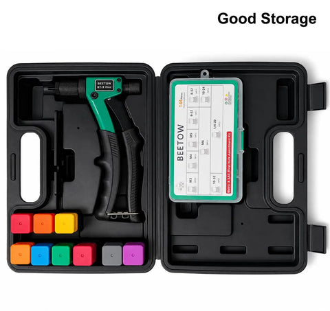 Grab This Badass 8-Inch Rivet Nut Gun Kit For Quick Repairs! Comes With Nine Mandrels And One Hundred Nuts For Metal Or Drywall Jobs. Perfect Stroke Control Makes Fastening Easy Plus Hard Case Keeps Gear Safe On Job Sites. open case with 8-inch rivet nut gun and mandrels