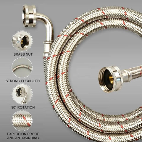 10 Foot Stainless Steel Washing Machine Hoses With 90 Degree Elbows Two Pack Red And Blue Heavy Duty Burst Proof Hot And Cold Water Supply Lines For Inlet Connections, showing brass nut and flexibility details.