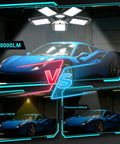 Deformable LED Garage Light With Six Adjustable Panels illuminating blue car, compared to halogen and fluorescent lights in garage scene