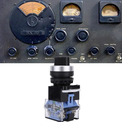 Set Of 10 3 Position Self Locking Rotary Switches 22mm Panel Mount Changeover 440V beside vintage audio control panel.