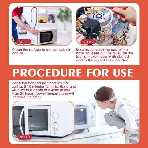 Illustration showing steps to use Heavy Duty High Temp Silicone Sealant For Oven, Grill, And Microwave