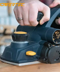Top Shelf Carbide Handheld Planer Blades 4-3/8 Inch Reversible Double Edge Cuts Smooth As Butter handles electric planer with shavings.
