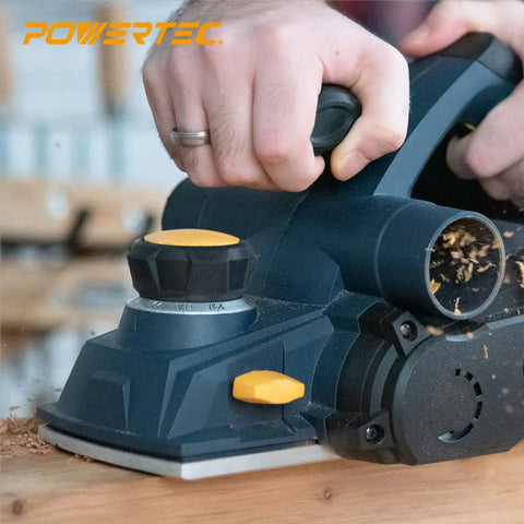 Top Shelf Carbide Handheld Planer Blades 4-3/8 Inch Reversible Double Edge Cuts Smooth As Butter handles electric planer with shavings.