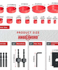 Front view of Angelsword red hole saw kit with assorted sizes 3/4–6 in, drill bits, mandrels, hex key and installation plate