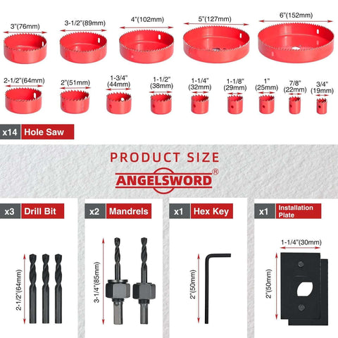 Front view of Angelsword red hole saw kit with assorted sizes 3/4–6 in, drill bits, mandrels, hex key and installation plate