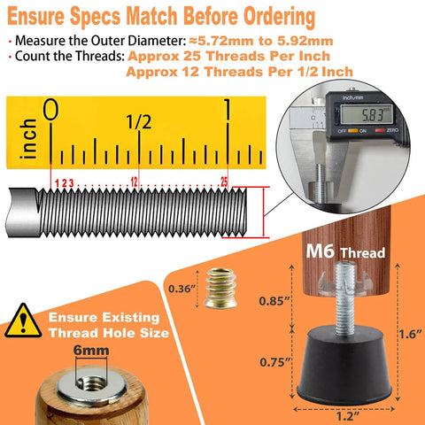 Top Tier Heavy Duty Rubber Furniture Leveling Feet With Reliable M6 Threads Easy Install Table And Chair Sliders For Banishing Floor Wobbles And Keeping Your Gear Planted Firm 8 Pack specifications showing M6 thread sizes and installation details.
