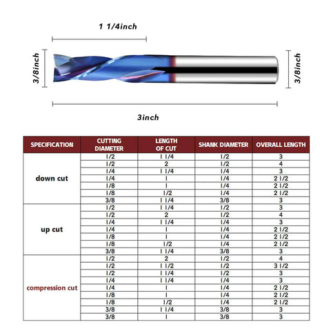 Long Lasting Sharp 3/8 Compression Router Bit With 1-1/4 In Cut Length And 3/8 In Shank, K30 Premium Carbide Up Down CNC Spiral Bit