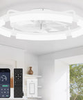 Straight Up Silent 24 Inch Low Profile Fandelier With App And Wireless Remote Dual Lighting Modes, ceiling fan with remote in bright room.