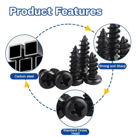 Heavy Duty Carbon Steel M1.4 Self Tapping Wood Screws Pan Head Cross Recessed Assortment Kit 500 Pc showing features like carbon steel, sharp points, and cross heads.