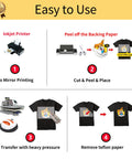 Steps showing use of DIY Heat Transfer Paper Kit For Dark And Light T Shirts Mix Pack With 5 Dark 1.0 Sheets And 5 Light 2.0 Sheets