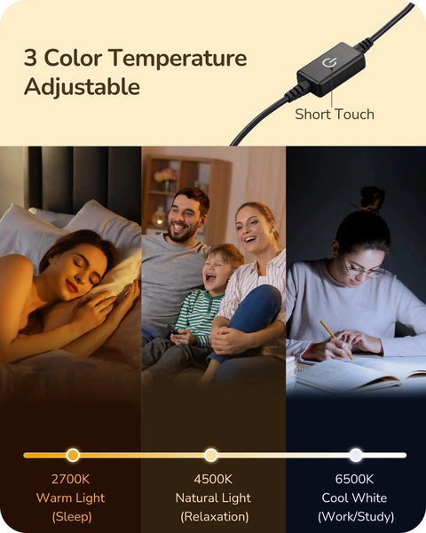 LED Table Lamp With Stepless Dimming And 3 Color Temperatures 2700K To 6500K showing warm, natural, and cool light settings