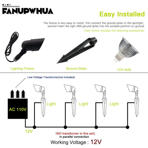 Installation guide for Low Voltage 12V 5W MR16 LED Landscape Lights 6 Pack with fixtures, ground spikes, and bulbs shown