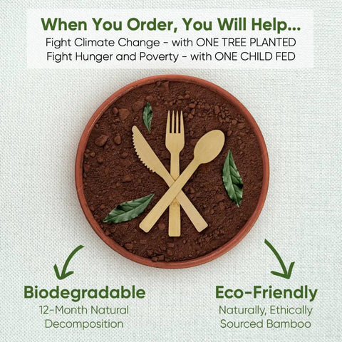 250 Count Bamboo Cutlery Set Disposable And Compostable Utensils, 100 Percent Natural, Plastic Free, BPA Free, Non Toxic, Food Grade For Kids And Adults, Go-To Eco Friendly Everyday Use, with fork spoon and knife