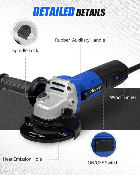 Front view of Rugged 7.5 Amp Angle Grinder With 4 1/2 Inch Wheel, 12,000 RPM, showing spindle lock, rubber auxiliary handle, wind tunnel, heat emission hole, and ON/OFF switch.