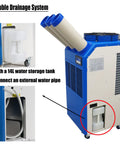 Rock Solid 220V Portable Air Conditioner With 22000 Btu Cooling Power showing double drainage system and 14L water tank.