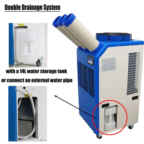 Rock Solid 220V Portable Air Conditioner With 22000 Btu Cooling Power showing double drainage system and 14L water tank.