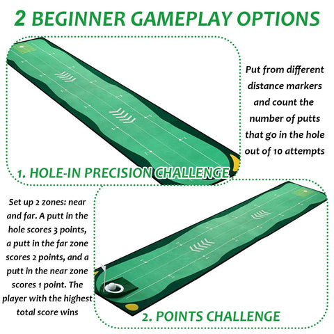 Indoor Golf Putting Mat Set With Telescoping Putter Mini Golf Green Kit showing two gameplay options for home practice