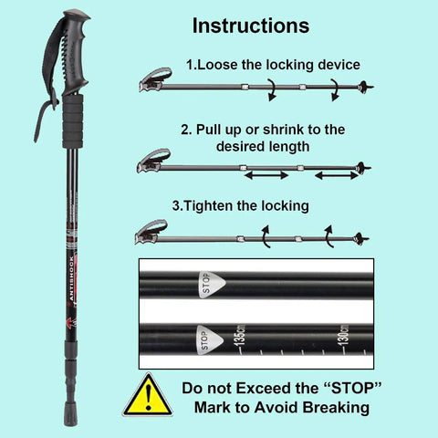 Ultra Lightweight Collapsible Trekking Poles for Hiking, Shock Absorbing Aluminum Sticks, Adjustable 25 to 52 Inches, 2 Pack for Women Men Kids, Black with adjustment instructions.