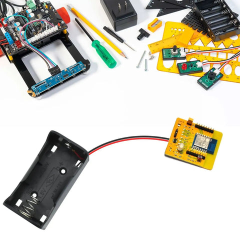 Built Tough D Cell Battery Holder 2 Pack 1.5V external power case with wire leads next to circuit board.