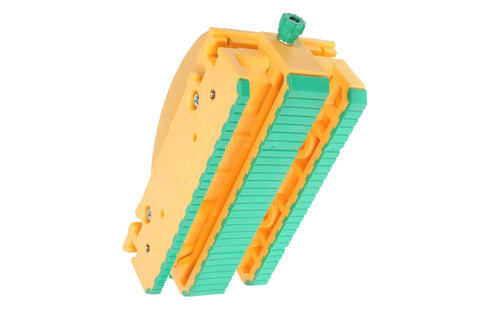 Kickback Buster 3D Push Block With Gravity Heel Kit For Table Saws angled view with green gripping pads and yellow base.