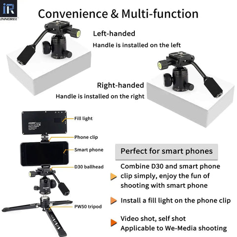 D30 Panoramic Ball Head With Removable Handle, compatible with smartphones, shown with fill light and phone clip on tripod