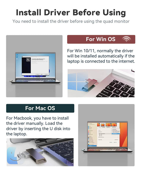 Installation instructions for 14 Inch Portable Laptop Screen Extender With 3 Screen Setup FHD 1200P IPS Triple Monitor requiring driver setup for Windows and Mac.