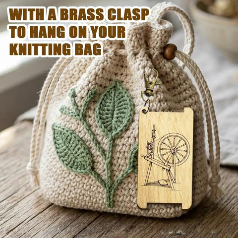 Straight Up Essential Vintage Wooden Wrap Per Inch Guide Gauge For Spinners Lowkey Legendary Yarn Wrap Board With Diz Spot attached to knitted bag.