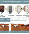 Silent Glide Hydraulic Door Closer compatible with various door materials including wood and glass, dimensions shown