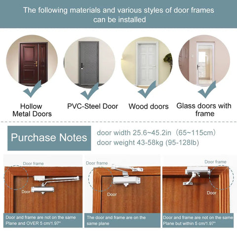 Silent Glide Hydraulic Door Closer compatible with various door materials including wood and glass, dimensions shown