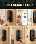 5 In 1 Smart Lock With Built In Camera And Doorbell, Keyless Entry Deadbolt, Wifi Enabled Electronic Lock For Home, Fingerprint Passcode Card Remote App Control, showing usage of fingerprint, app, passcode, IC card, and mechanical key.